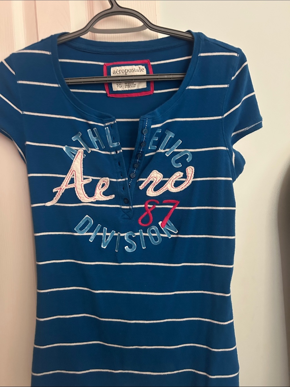 Aeropostale Blue & White Striped Henley Tee with Pink 'Aero' Script